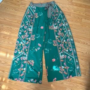 Jealous Tomato Green Self Tie Floral Wide Leg Boho Palazzo Pants  Size Large